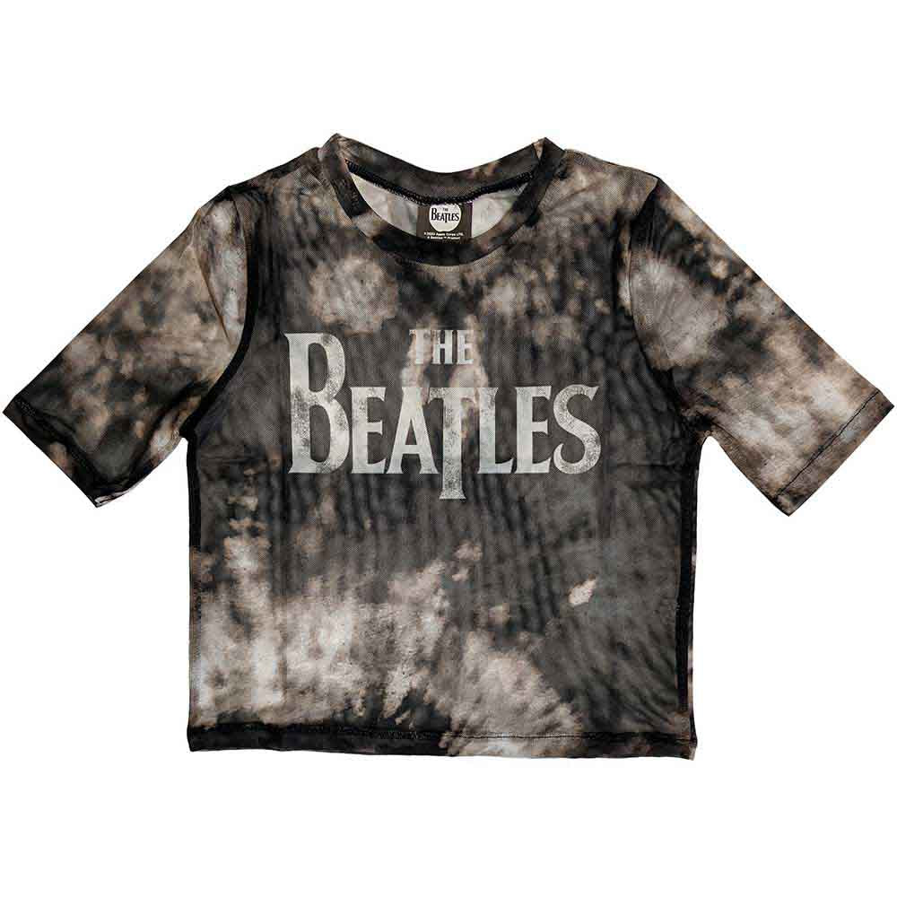 Black ladies crop top featuring The Beatles Drop T logo in white mesh fabric.
