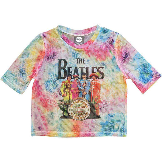 A black mesh ladies crop top featuring the Sgt. Pepper's Lonely Hearts Club Band logo.