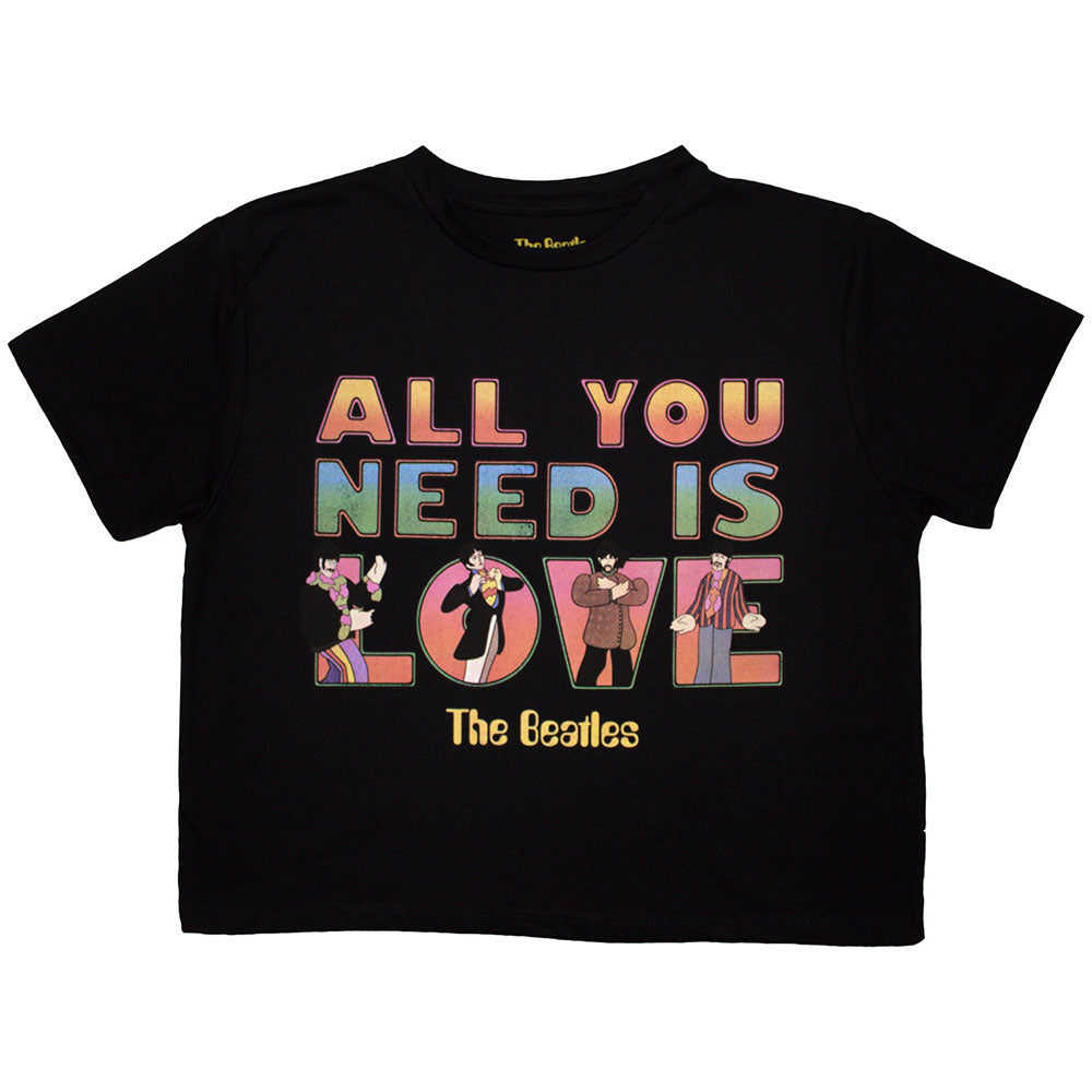Yellow Beatles crop top featuring stacked "Yellow Submarine" artwork, size X-Small.