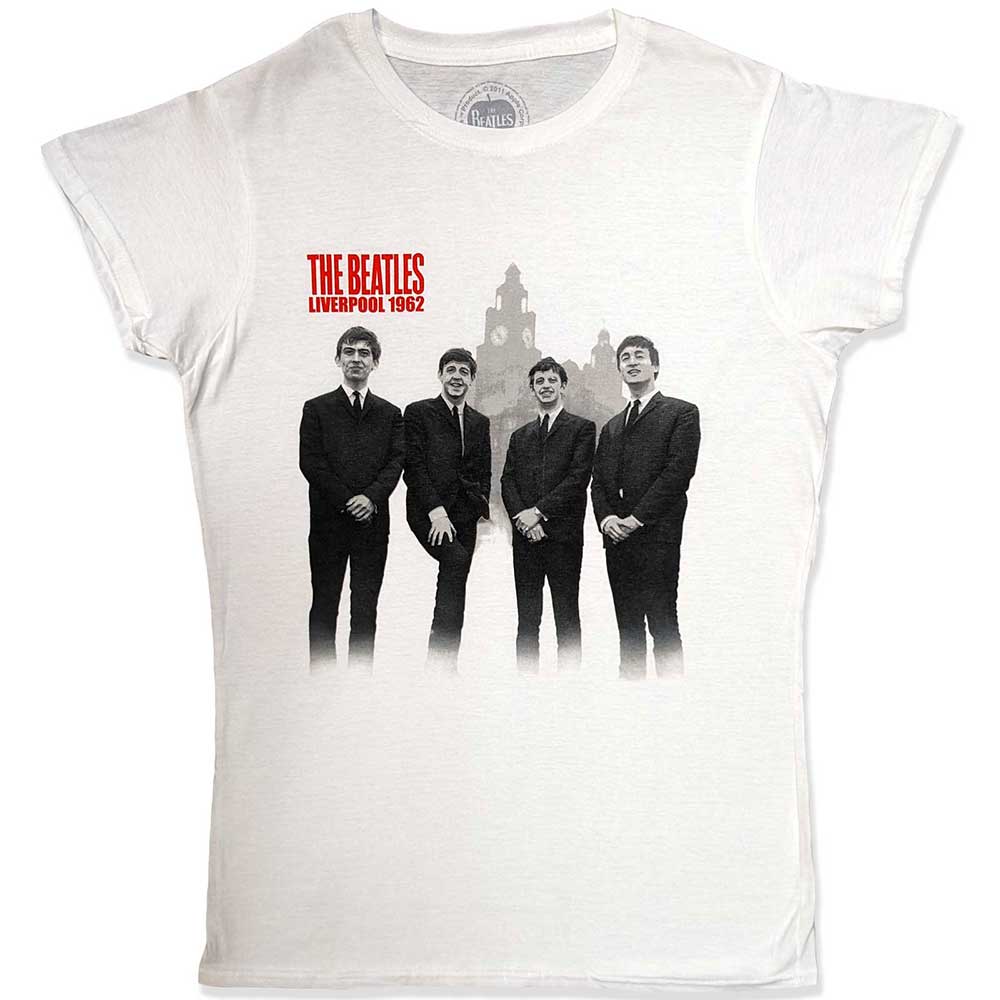 White t-shirt with a black and white image of The Beatles in Liverpool.
