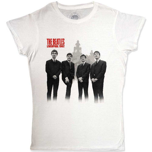 White t-shirt with a black and white image of The Beatles in Liverpool.