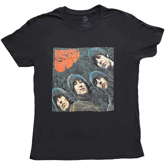 Ladies' black t-shirt featuring the iconic Rubber Soul album cover artwork.