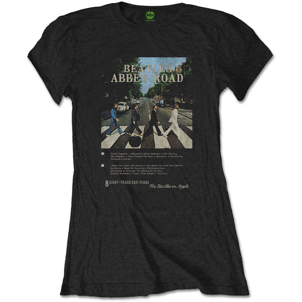 Black ladies' t-shirt with Abbey Road album cover graphic of The Beatles.