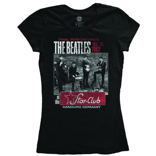 Black Beatles t-shirt with a vintage Star-Club performance graphic.