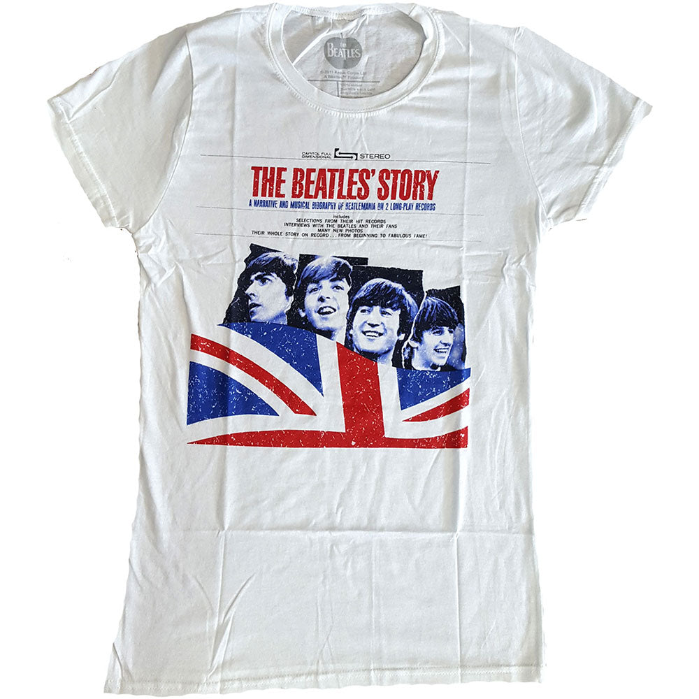 White t-shirt featuring The Beatles Story album cover art with a Union Jack design.