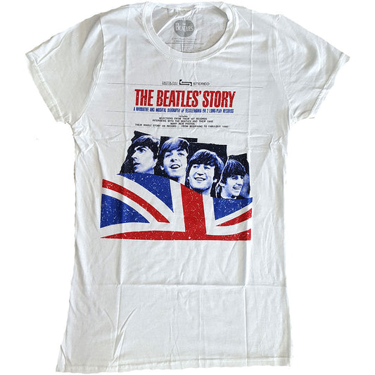 White t-shirt featuring The Beatles Story album cover art with a Union Jack design.