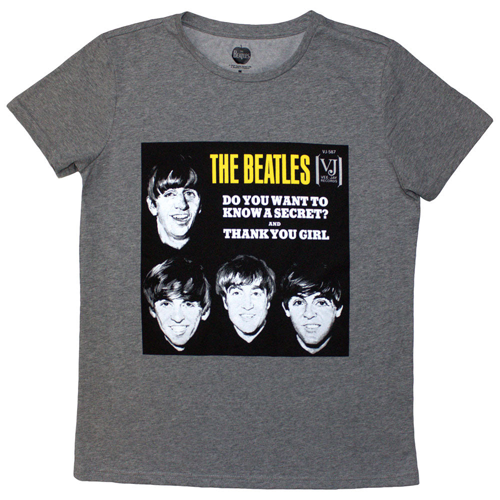 A black ladies t-shirt featuring a Beatles graphic with secret sleeve detail.