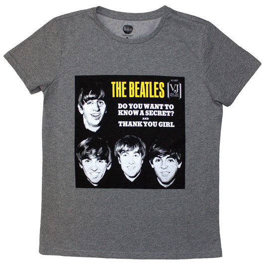 A black ladies t-shirt featuring a Beatles graphic with secret sleeve detail.