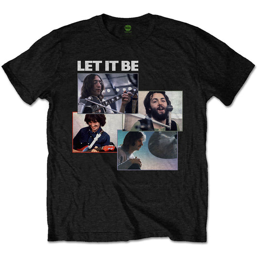 Black t-shirt featuring Let It Be text and photos of The Beatles members.