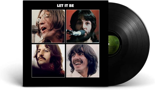 "Black vinyl record with 'Let It Be' album cover featuring The Beatles' portraits."
