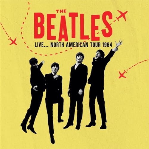 CD cover with The Beatles in black suits on a yellow background with planes.