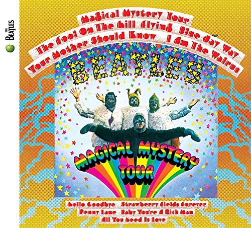 The Beatles in animal costumes against a colorful background with stars and rainbow text.