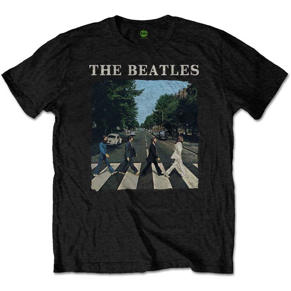 White t-shirt with The Beatles’ Abbey Road album cover graphic.