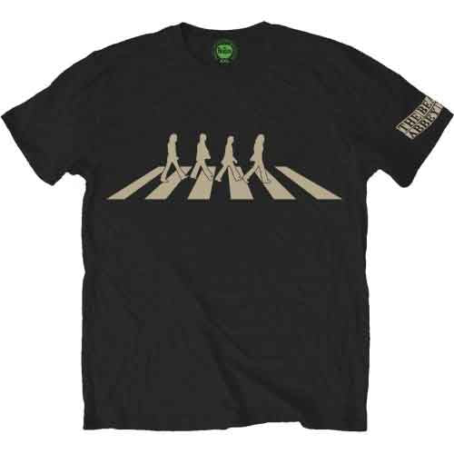 Black t-shirt with a beige silhouette of The Beatles crossing Abbey Road.