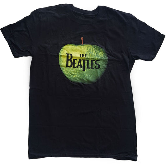 White t-shirt with a green apple and "The Beatles" text graphic.