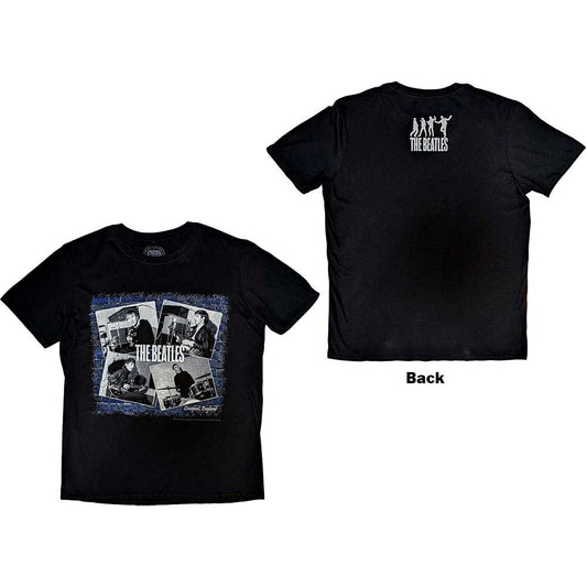 Man wearing a black t-shirt with a collage of The Beatles.