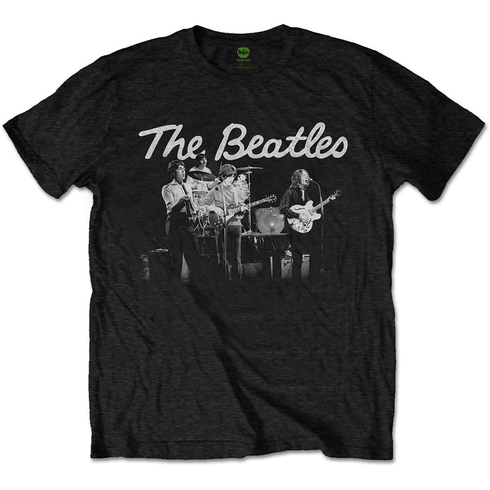 Black Beatles t-shirt with a grayscale image of the band performing.