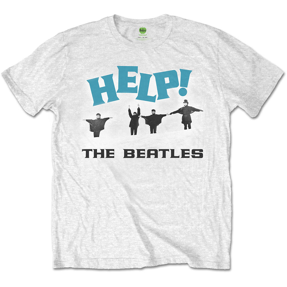 White Beatles t-shirt with "HELP!" graphic and cartoon figures.