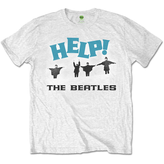 White Beatles t-shirt with "HELP!" graphic and cartoon figures.