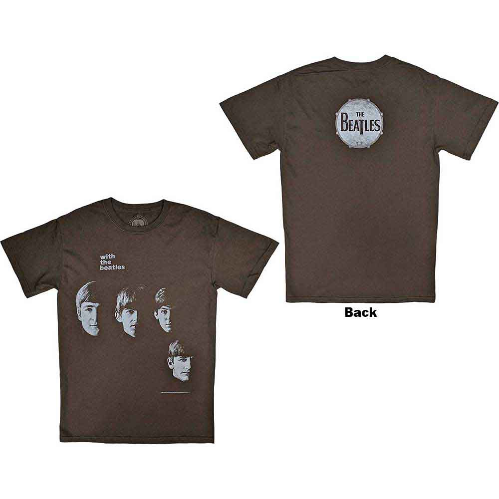 Brown Beatles t-shirt with band member portraits on the front and logo on back.
