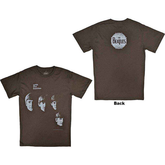 Brown Beatles t-shirt with band member portraits on the front and logo on back.