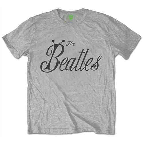 Grey t-shirt with black “The Beatles” logo worn by a man.