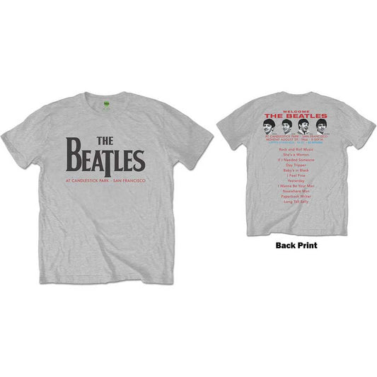 Grey Beatles t-shirt with Candlestick Park concert details on back.