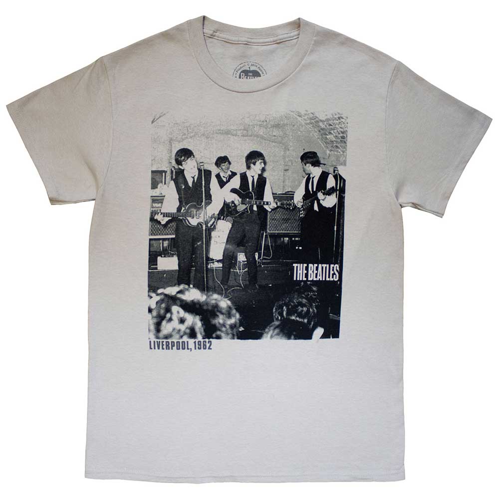 Grey t-shirt featuring a black and white image of The Beatles in 1962.