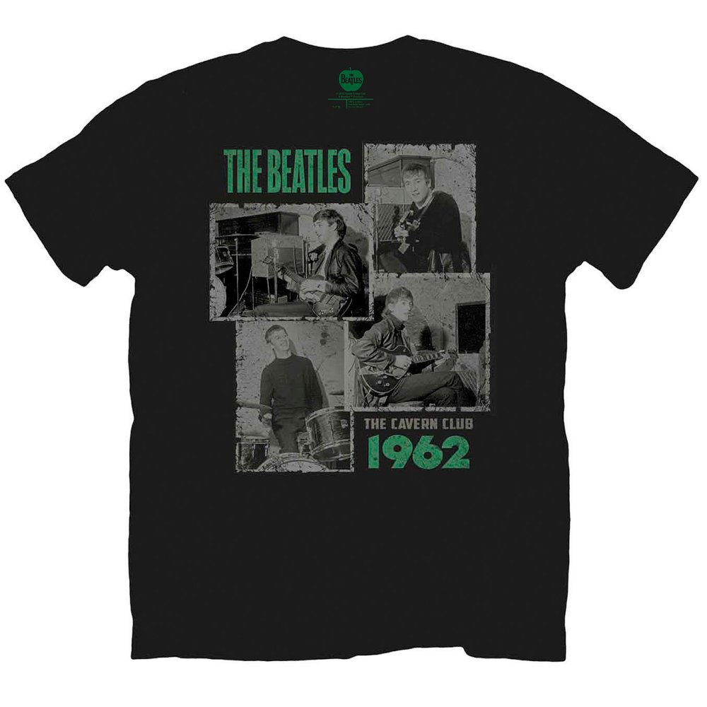 Black t-shirt with a collage of The Beatles’ 1962 Cavern Club photos.