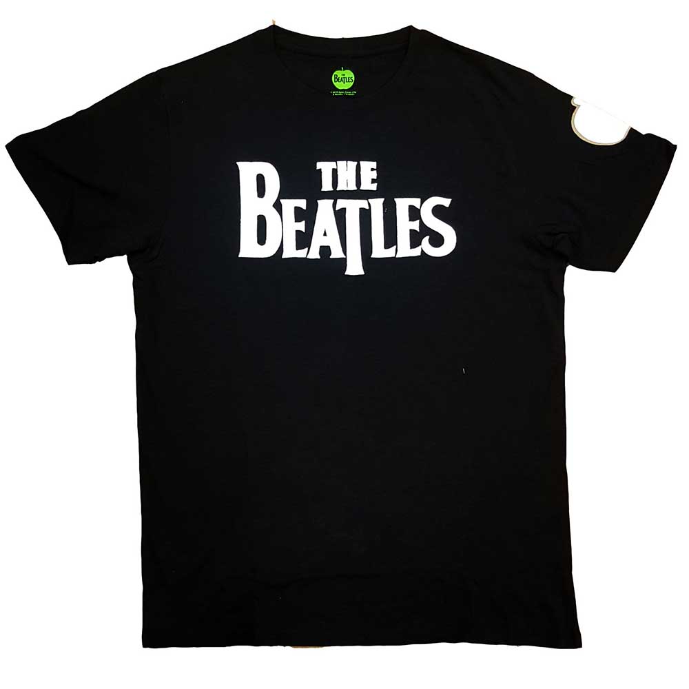 Black Beatles t-shirt with distressed logo and small chest applique.