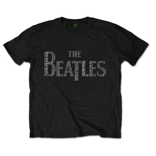 Man wearing black Beatles t-shirt with song lyrics design.