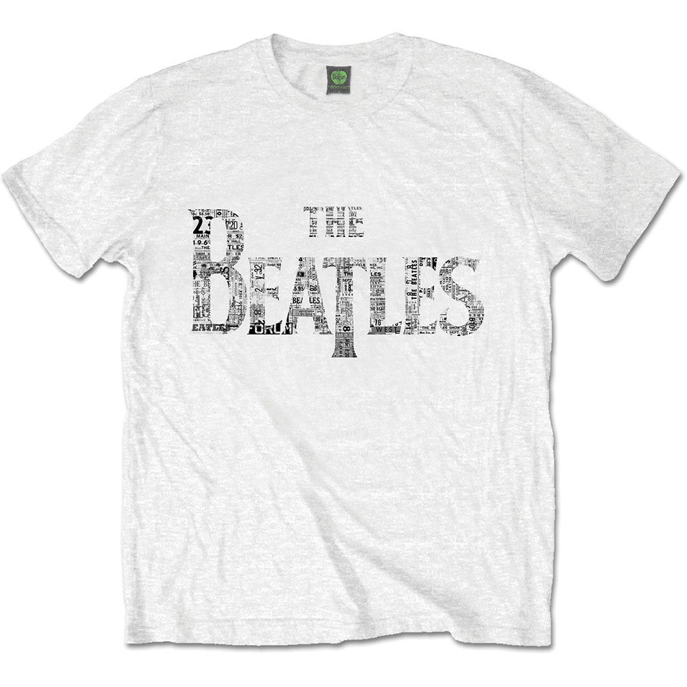 Man wearing a white t-shirt with distressed "The Beatles" graphic.