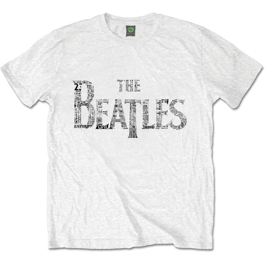 Man wearing a white t-shirt with distressed "The Beatles" graphic.