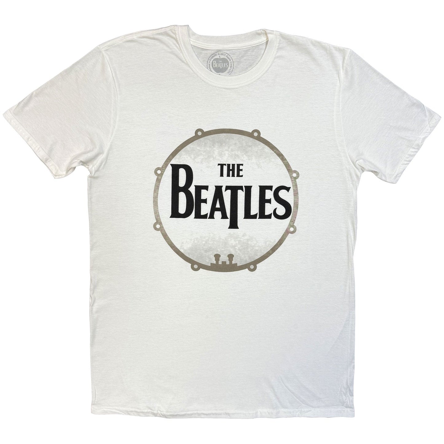 White t-shirt with a drum graphic and "The Beatles" logo.