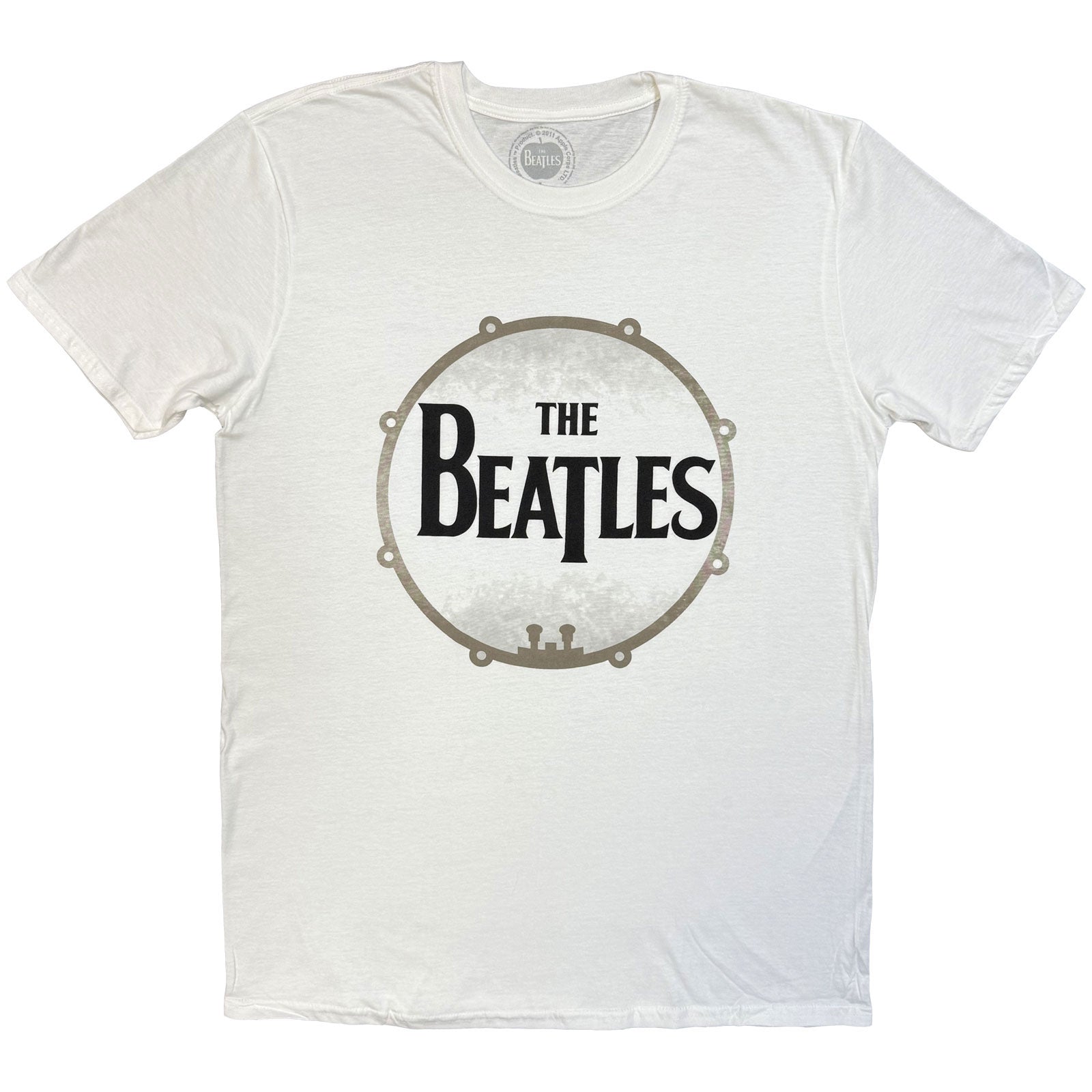 White t-shirt with a drum graphic and "The Beatles" logo.