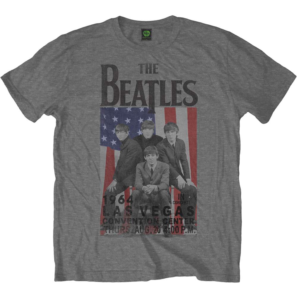 Grey Beatles t-shirt with a vintage Vegas concert poster graphic.