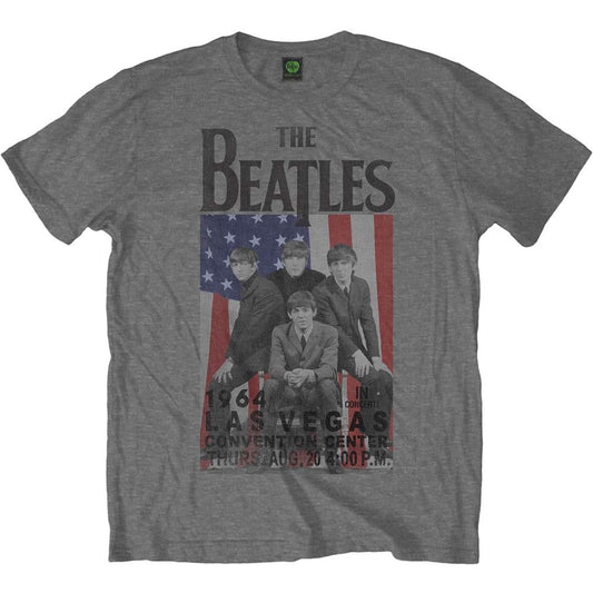 Grey Beatles t-shirt with a vintage Vegas concert poster graphic.