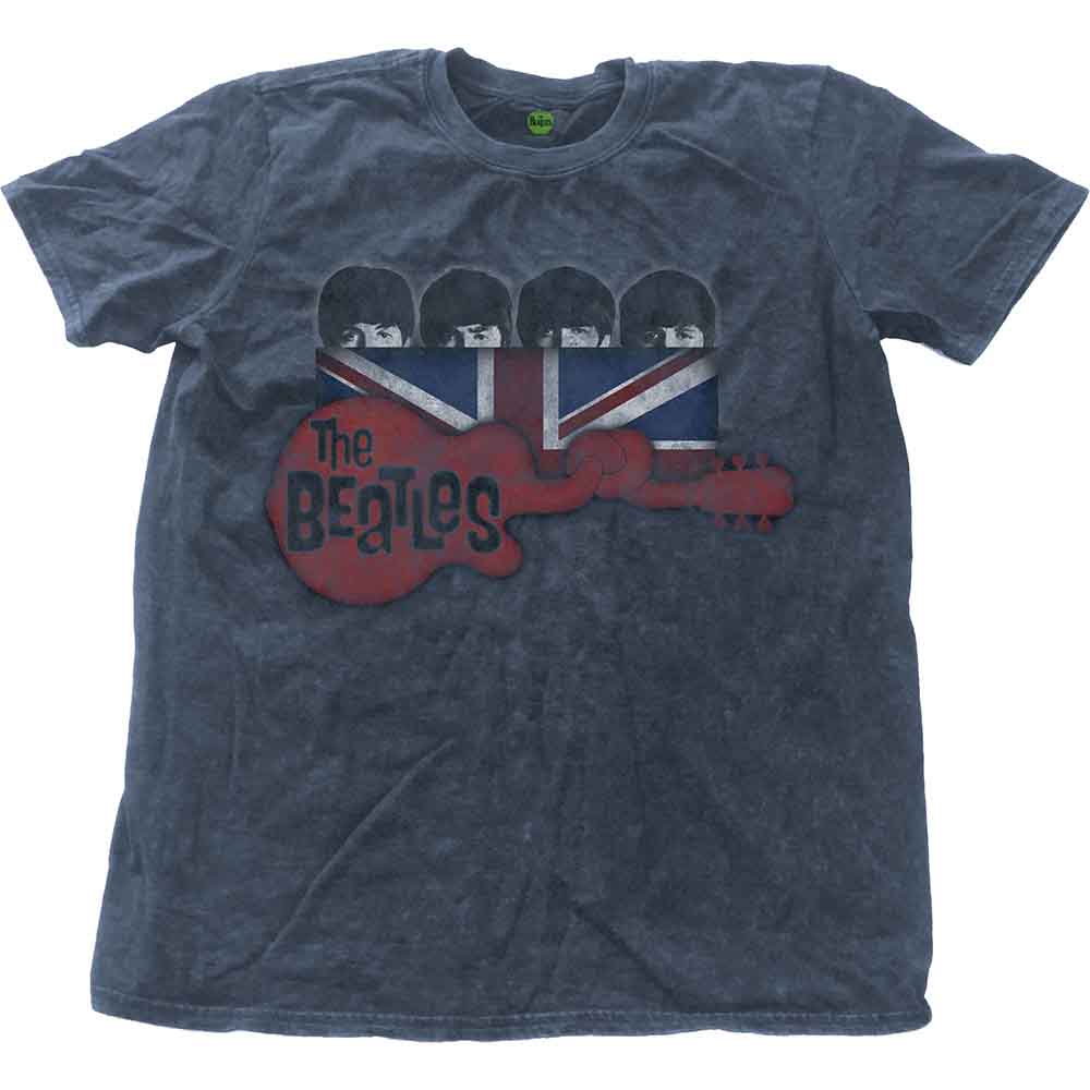 Navy blue t-shirt with The Beatles logo and Union Jack guitar graphic.