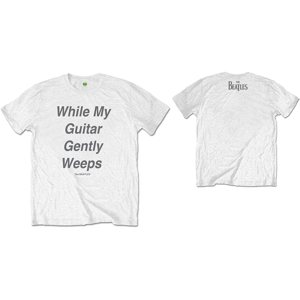 White Beatles t-shirt with “My Guitar Gently Weeps” text, front and back.