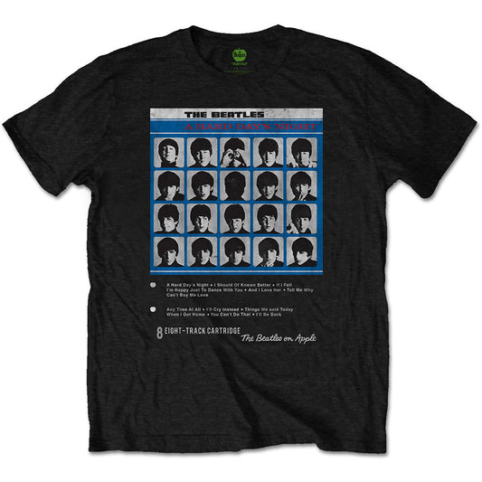 Black t-shirt featuring The Beatles’ “A Hard Day’s Night” 8-track cover.