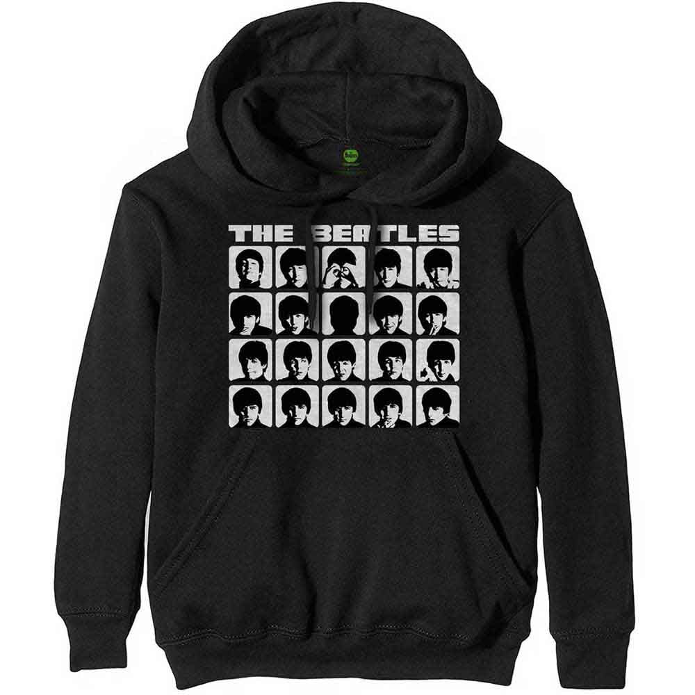 Black hoodie with a grid of The Beatles' faces in white.