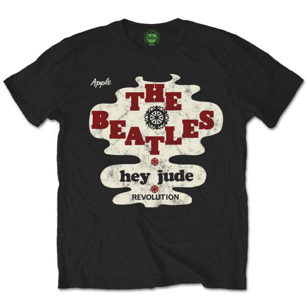 Black Beatles t-shirt with “Hey Jude Revolution” graphic design.