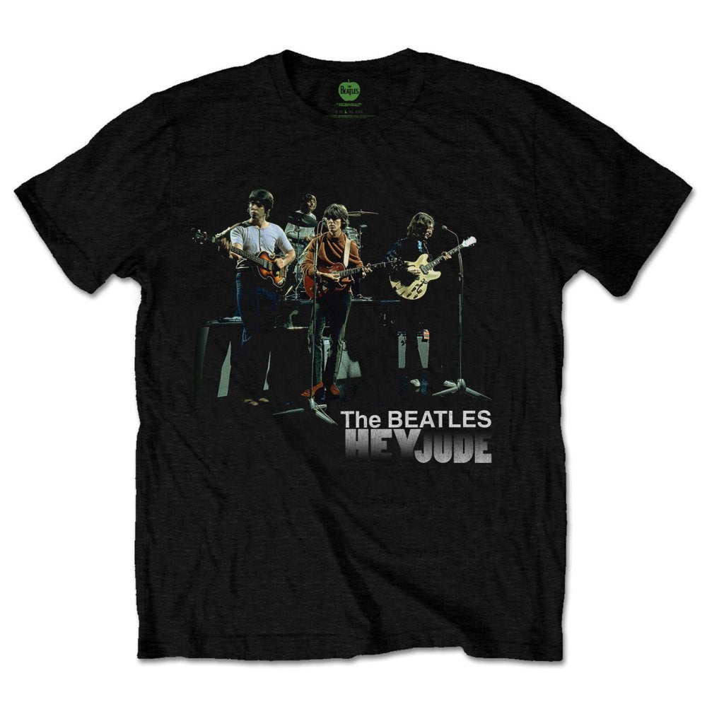 Black t-shirt with a faded image of The Beatles performing “Hey Jude”.