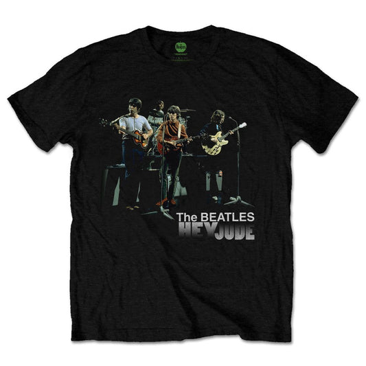 Black t-shirt with a faded image of The Beatles performing “Hey Jude”.