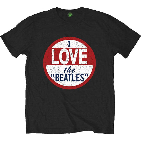Black t-shirt with a red and white “I Love The Beatles” logo.