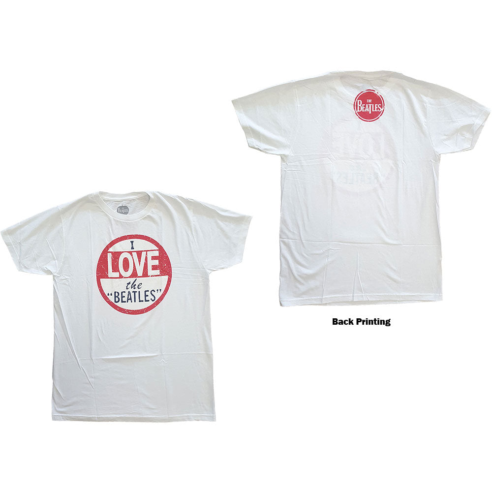 Man wearing a white t-shirt with a red "I Love The Beatles" design.