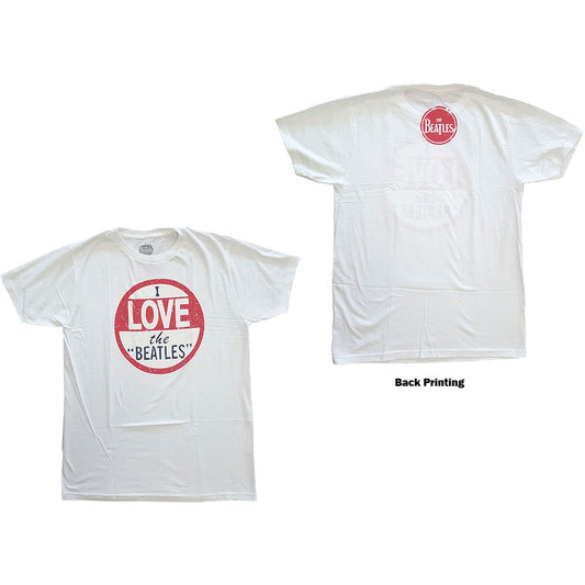 Man wearing a white t-shirt with a red "I Love The Beatles" design.
