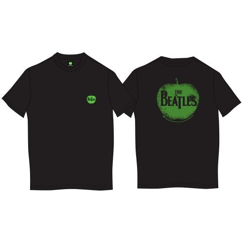 Black Beatles t-shirt with green Apple logo, worn by a man.