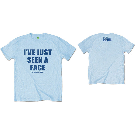 Light blue Beatles t-shirt with song lyrics on the front.