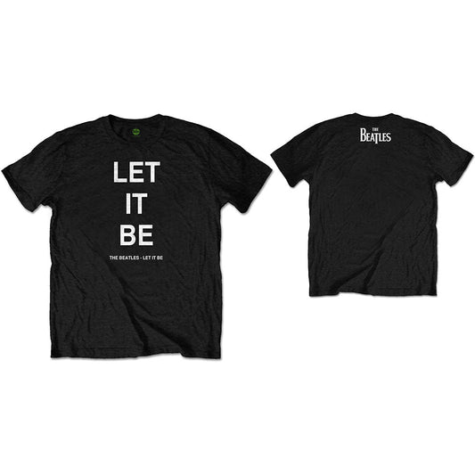 Black Beatles t-shirt with "Let It Be" text on the front and logo on back.
